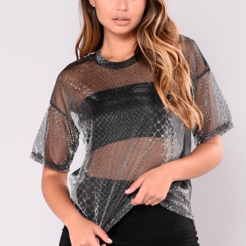 FASHION NOVA - Silver Metallic Mesh Top womens